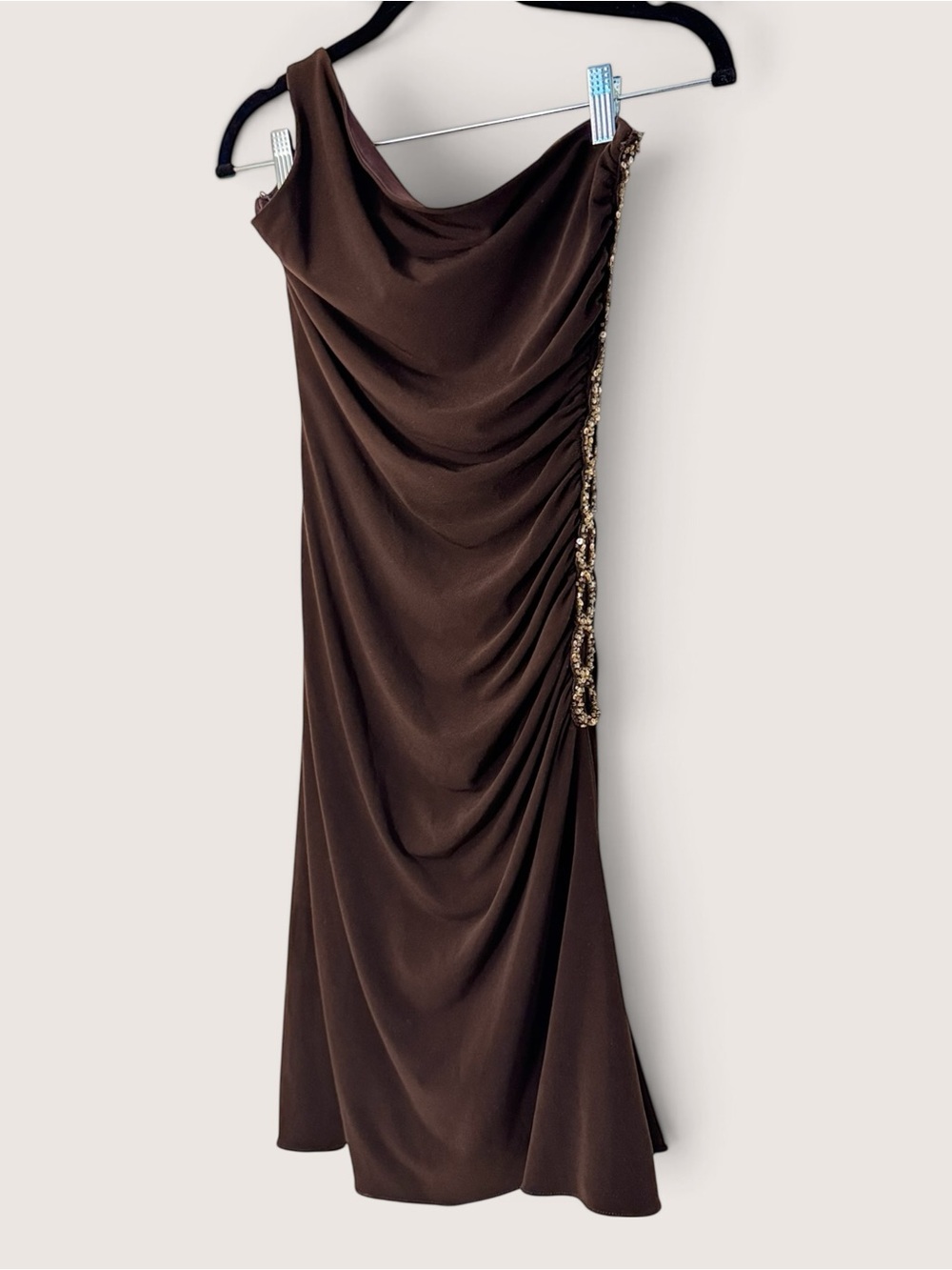 Vintage Betsy & Adam Chocolate Brown One Shoulder Beaded Cocktail Dress Size 6